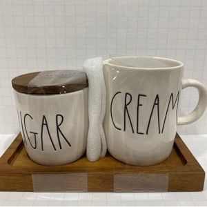 Rae Dunn SUGAR Jar + CREAM Creamer Set with WOOD Tray